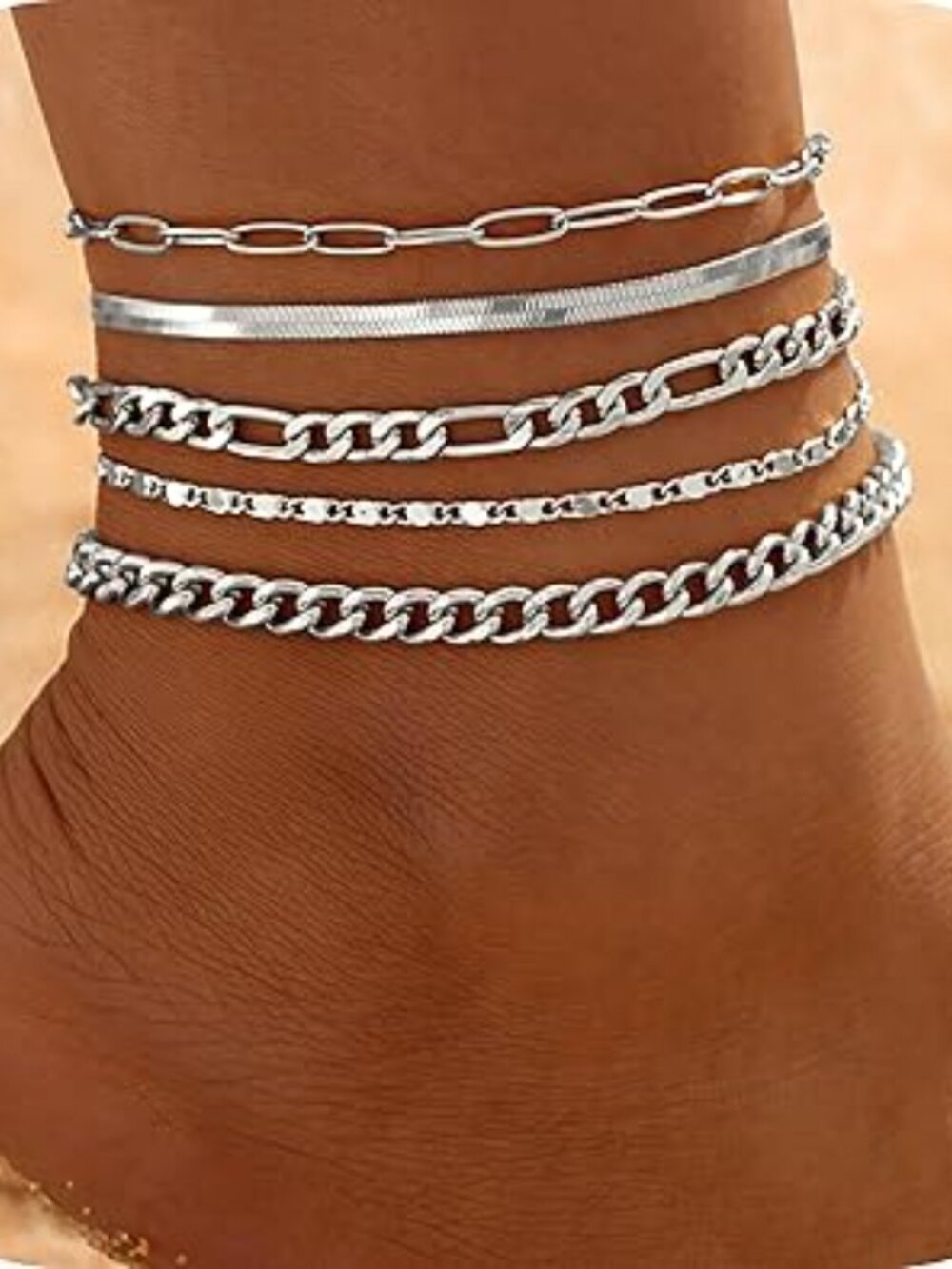 5 Silver Ankle Bracelets Cuban Link Chain Anklets Adjustable NEW